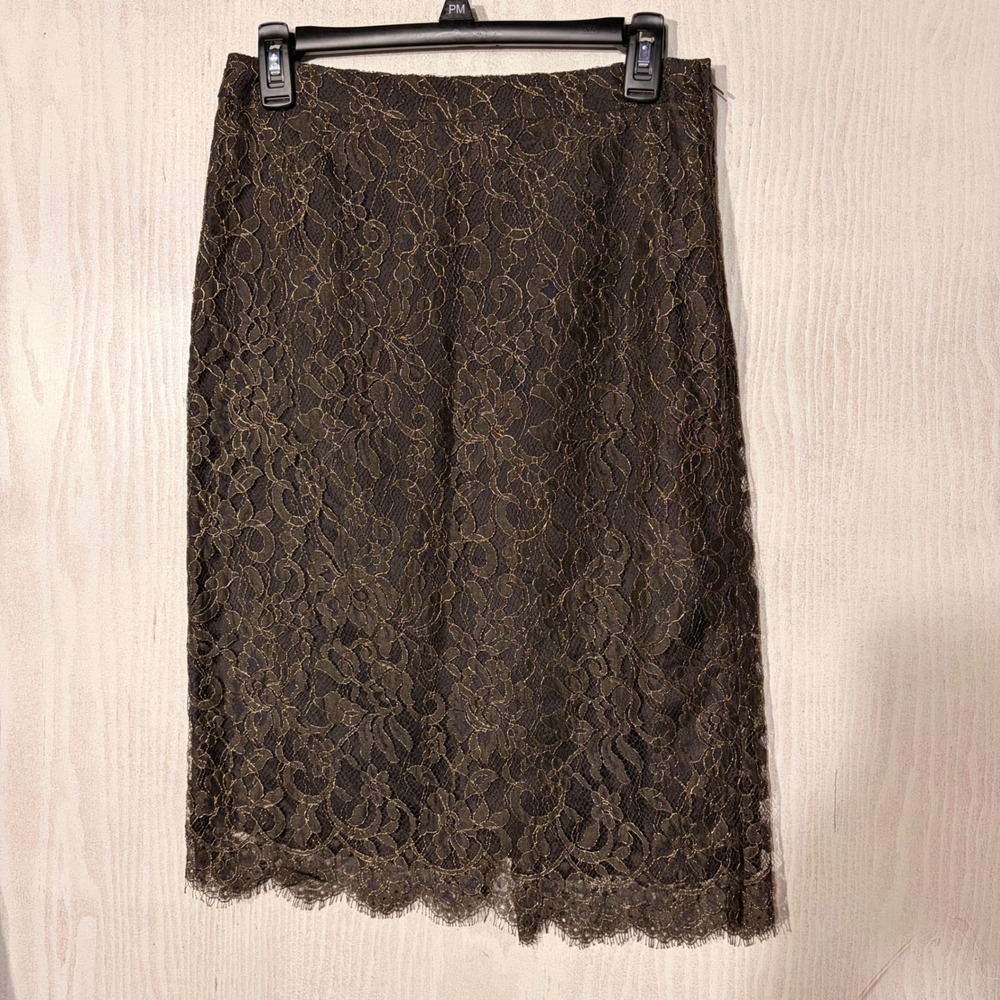 Banana Republic Lace Pencil Skirt Womens 2 Black Gold Metallic Floral